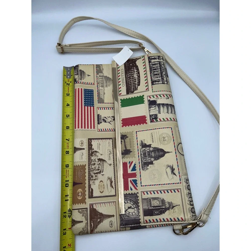 Travel Postage Stamp Print Crossbody Bag Global Landmark Clutch Cream‎ Gold Bar